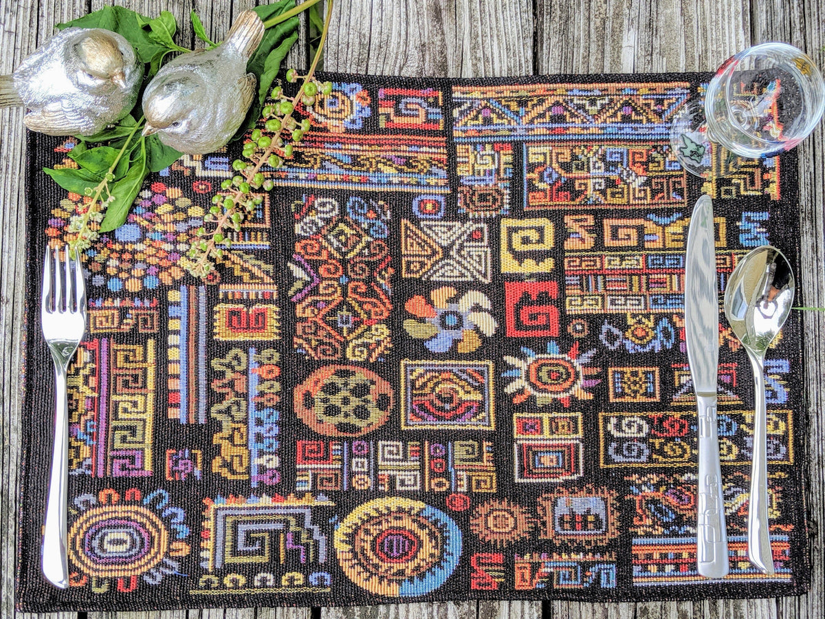 DaDa Bedding Set of 4-Pieces Ethnic Ornaments Geometric Black Tapestry Dining Placemats 13” x 19” (18118)