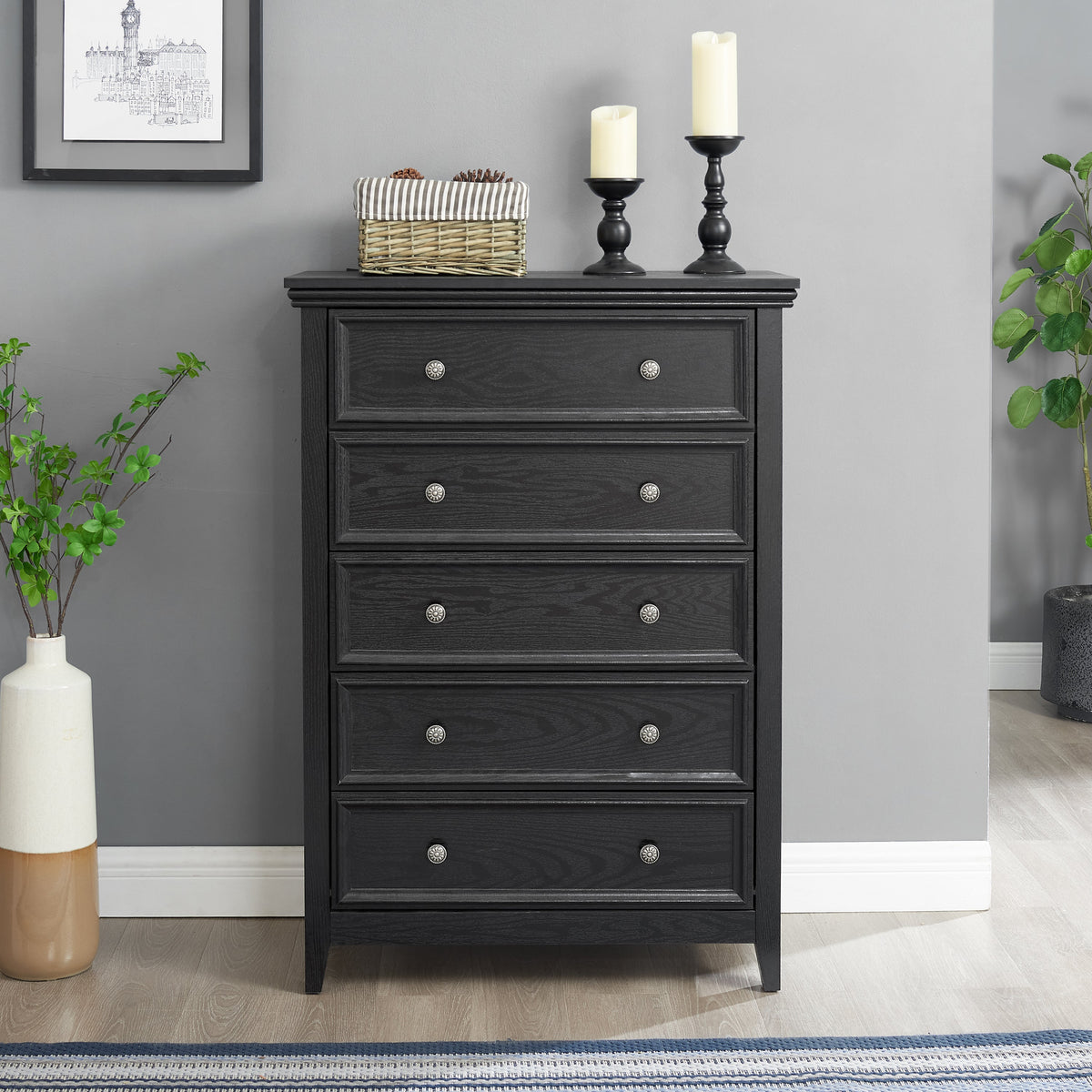 Modern 5-Drawer Black Dresser with Metal Handles - Black