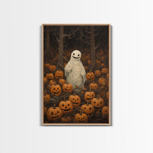 Fall Omens - Spooky Ghost In A Pumpkin Patch, Halloween Decor, Fall Art, Framed Canvas Print, Spooky Halloween Decor