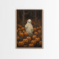 Fall Omens - Spooky Ghost In A Pumpkin Patch, Halloween Decor, Fall Art, Framed Canvas Print, Spooky Halloween Decor