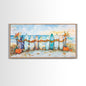 Framed Canvas Print Beach Scene with Surfboards and Pumpkins, Fall Beach Decor, Autumn Coastal Wall Art, Perfect Fall Beach Theme