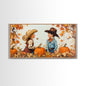 Cute Cowboy and Cowgirl In a Pumpkin Patch, Framed Canvas Print, 1950s Style Wall Art, Nursery Decor