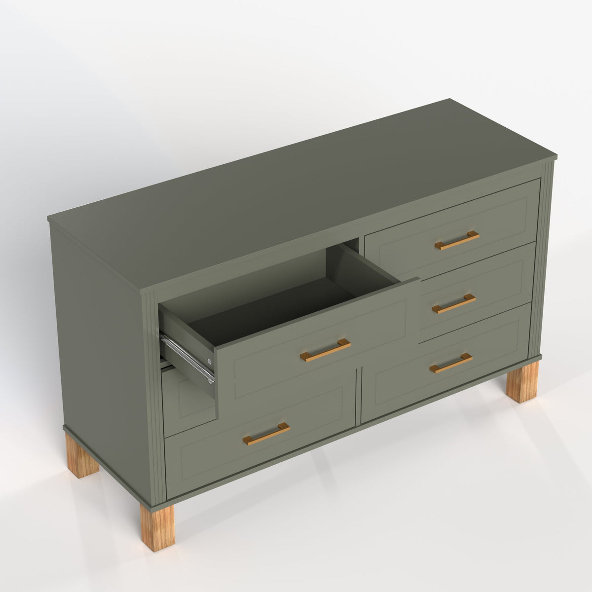 6-Drawer Double Dresser with Solid Wood Legs - Olive