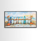 Framed Canvas Print Beach Scene with Surfboards and Pumpkins, Fall Beach Decor, Autumn Coastal Wall Art, Perfect Fall Beach Theme