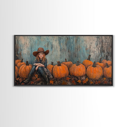 Cute Cowgirl In A Pumpkin Patch, Framed Canvas Print, Fall / Thanksgiving Decor, minimalist seasonal art for autumn or Christmas decor