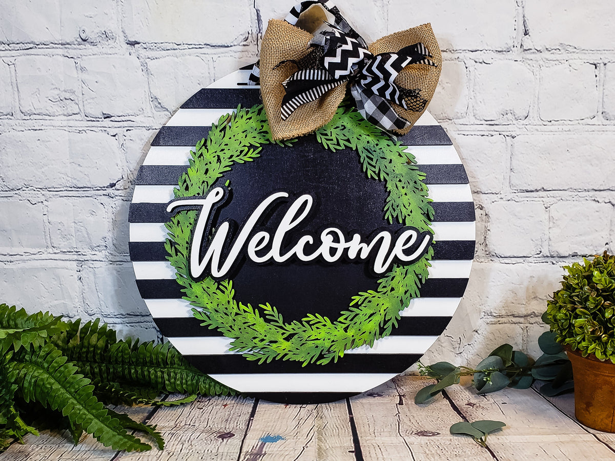 Welcome Wreath & Stripes Door Hanger - Finished