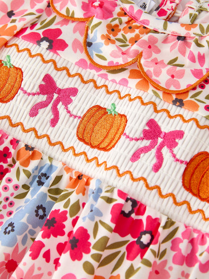 Fall Halloween & Thanksgiving Pumpkin Bow Smock Embroidered Floral Baby Girl Romper