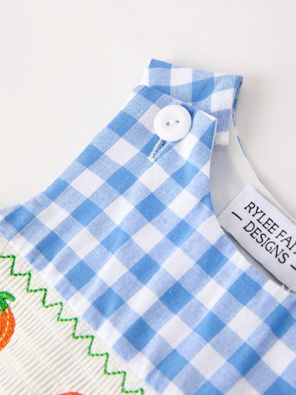 Fall Thanksgiving& Halloween Blue Pumpkin Smock Embroidery Baby Boy Romper