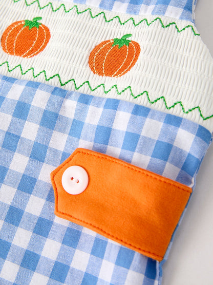 Fall Thanksgiving& Halloween Blue Pumpkin Smock Embroidery Baby Boy Romper
