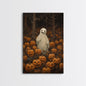 Fall Omens - Spooky Ghost In A Pumpkin Patch, Halloween Decor, Fall Art, Framed Canvas Print, Spooky Halloween Decor