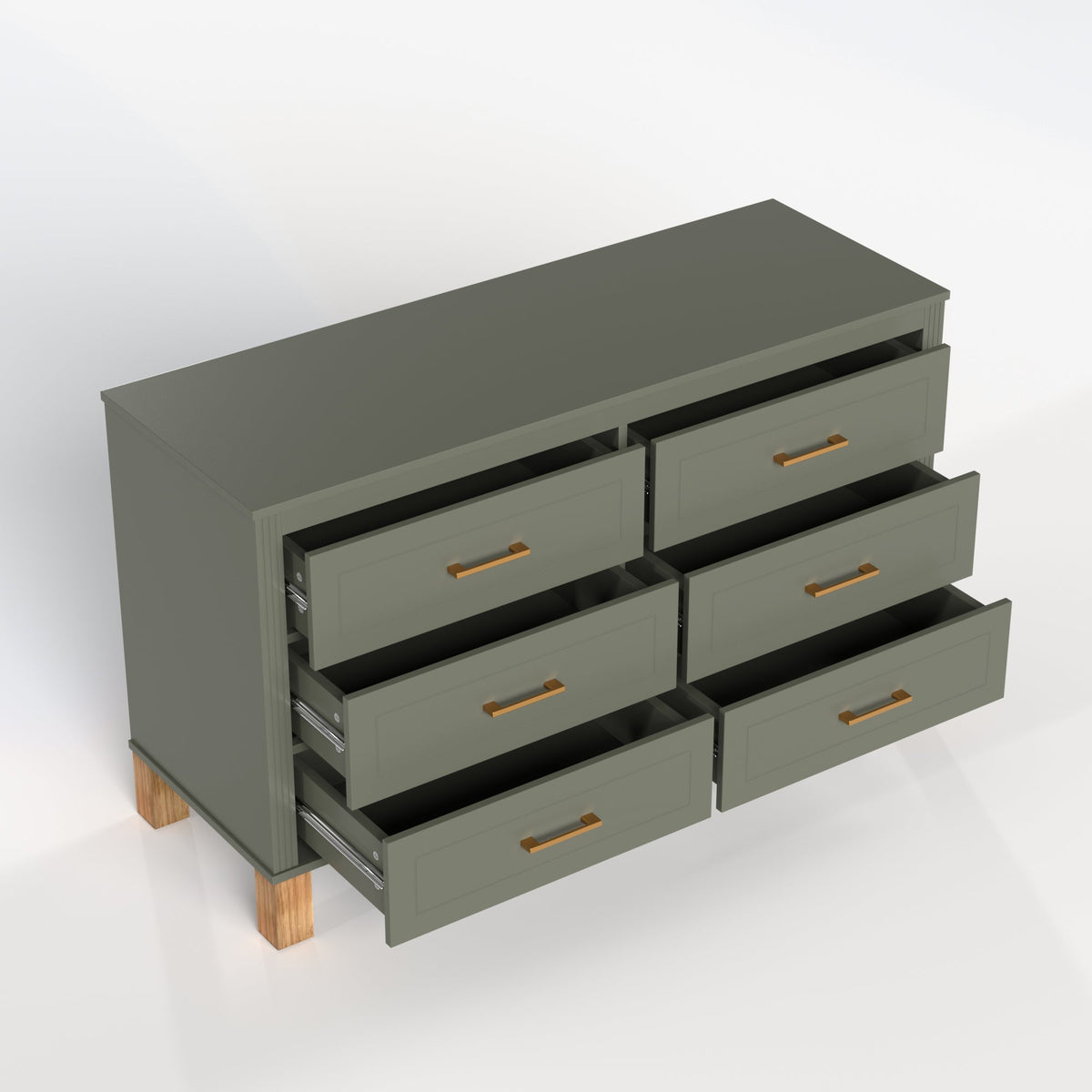 6-Drawer Double Dresser with Solid Wood Legs - Olive