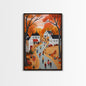 Autumn Village Scene Framed Canvas Print Tall Art With Fall Leaves And Pumpkins, Cozy Wall Art For Seasonal Farmhouse Decor