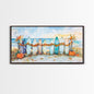 Framed Canvas Print Beach Scene with Surfboards and Pumpkins, Fall Beach Decor, Autumn Coastal Wall Art, Perfect Fall Beach Theme