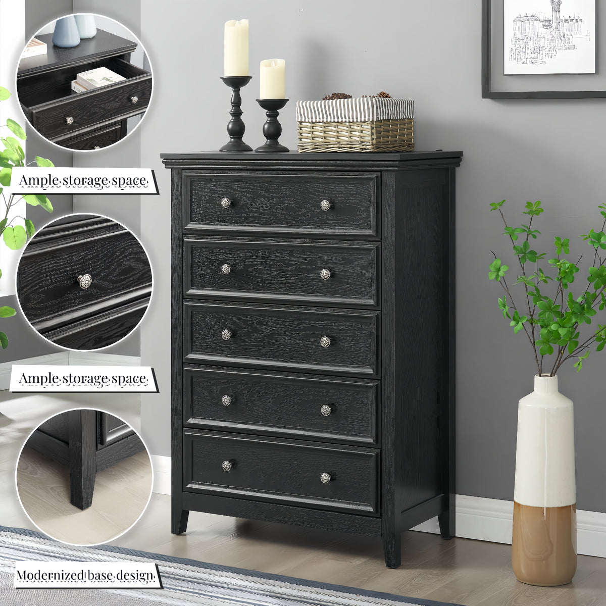 Modern 5-Drawer Black Dresser with Metal Handles - Black