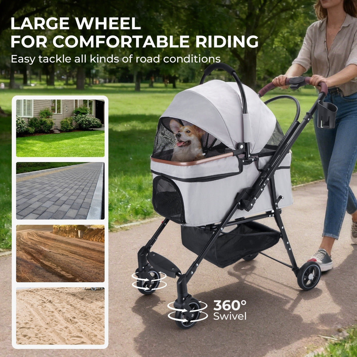 Foldable 4-Wheel Pet Stroller with Adjustable Canopy - Grey