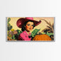 Retro Cowgirl In A Pumpkin Patch, Framed Canvas Print, Fall and Autumn Rustic Decor, perfect autumn or Christmas decor wall art