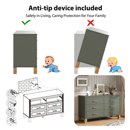 6-Drawer Double Dresser with Solid Wood Legs - Olive