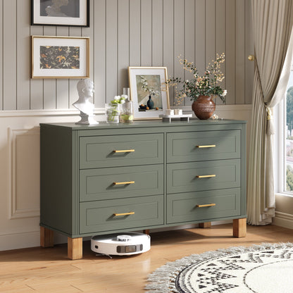 6-Drawer Double Dresser with Solid Wood Legs - Olive