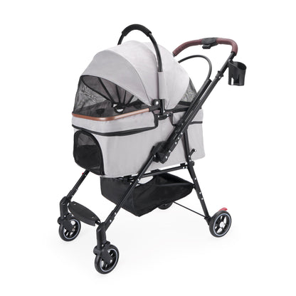 Foldable 4-Wheel Pet Stroller with Adjustable Canopy - Grey