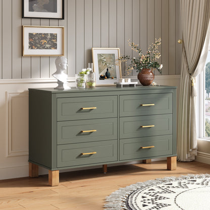 6-Drawer Double Dresser with Solid Wood Legs - Olive