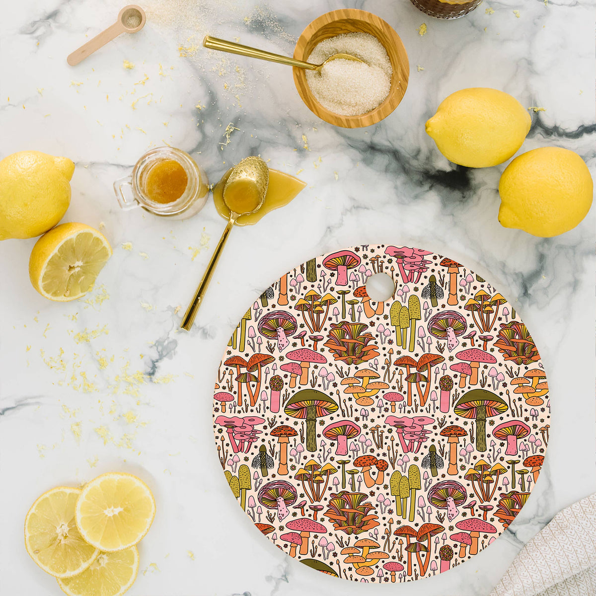 Vintage Mushroom Round Bamboo Cutting Board by Doodle by Meg