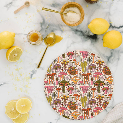 Vintage Mushroom Round Bamboo Cutting Board by Doodle by Meg
