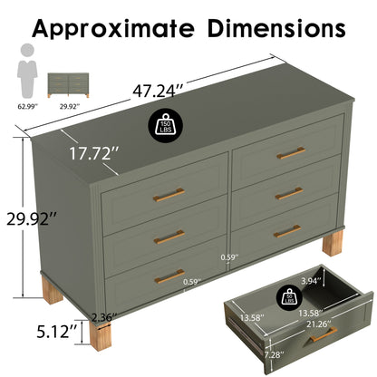 6-Drawer Double Dresser with Solid Wood Legs - Olive