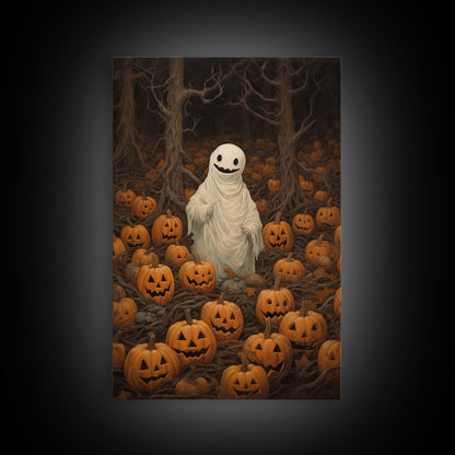 Fall Omens - Spooky Ghost In A Pumpkin Patch, Halloween Decor, Fall Art, Framed Canvas Print, Spooky Halloween Decor