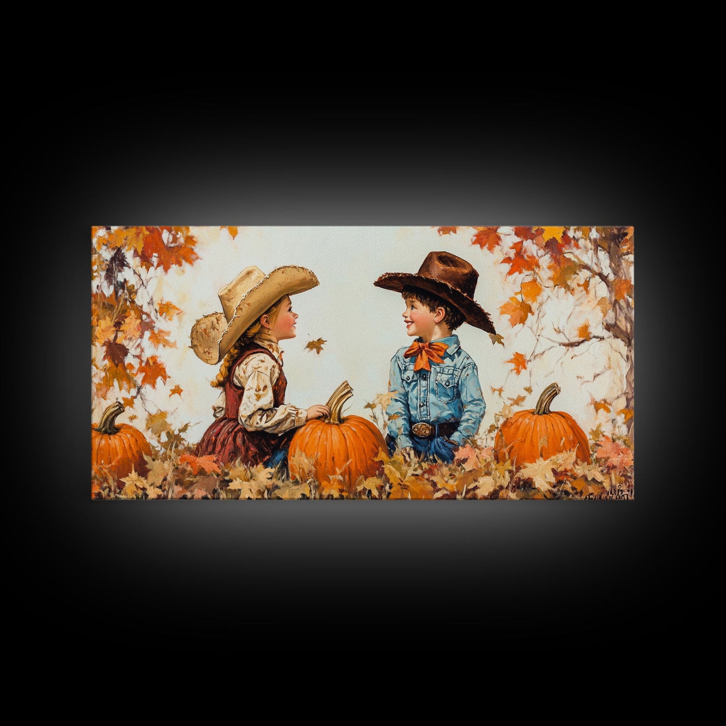 Cute Cowboy and Cowgirl In a Pumpkin Patch, Framed Canvas Print, 1950s Style Wall Art, Nursery Decor