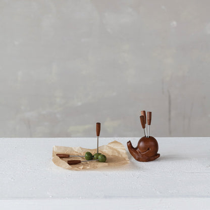 Wood Snail Holder with 6 Stainless Steel Appetizer Picks