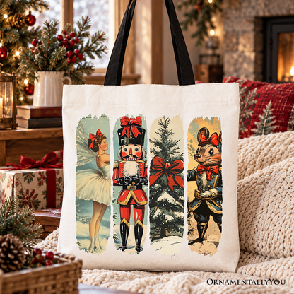 Ballet and Nutcracker Christmas Tote Bag, Coquette Bow and Mouse Vintage Holiday Gift Shopper