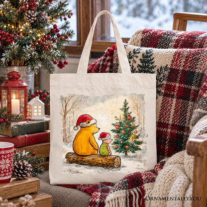 Winnie-the-Pooh Christmas With Friends Tote Bag, 1926 A.A. Milne Cozy Heartwarming Holiday Gift Shopper