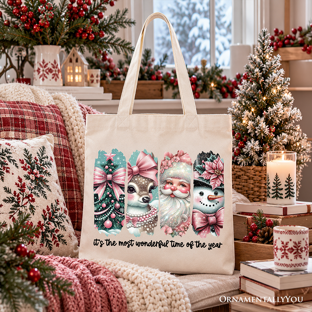 Coquette Pink Christmas Tote Bag, It's The Most Wonderful Time Of The Year Vintage Tree, Reindeer, Santa and Snowman Gift Shopper
