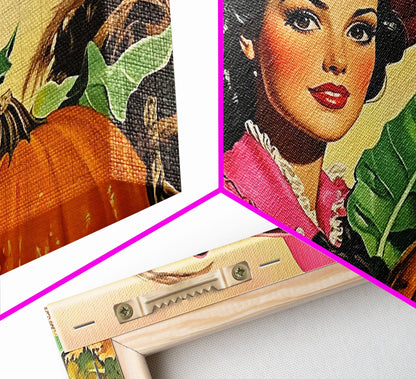 Retro Cowgirl In A Pumpkin Patch, Framed Canvas Print, Fall and Autumn Rustic Decor, perfect autumn or Christmas decor wall art