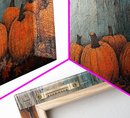 Cute Cowgirl In A Pumpkin Patch, Framed Canvas Print, Fall / Thanksgiving Decor, minimalist seasonal art for autumn or Christmas decor