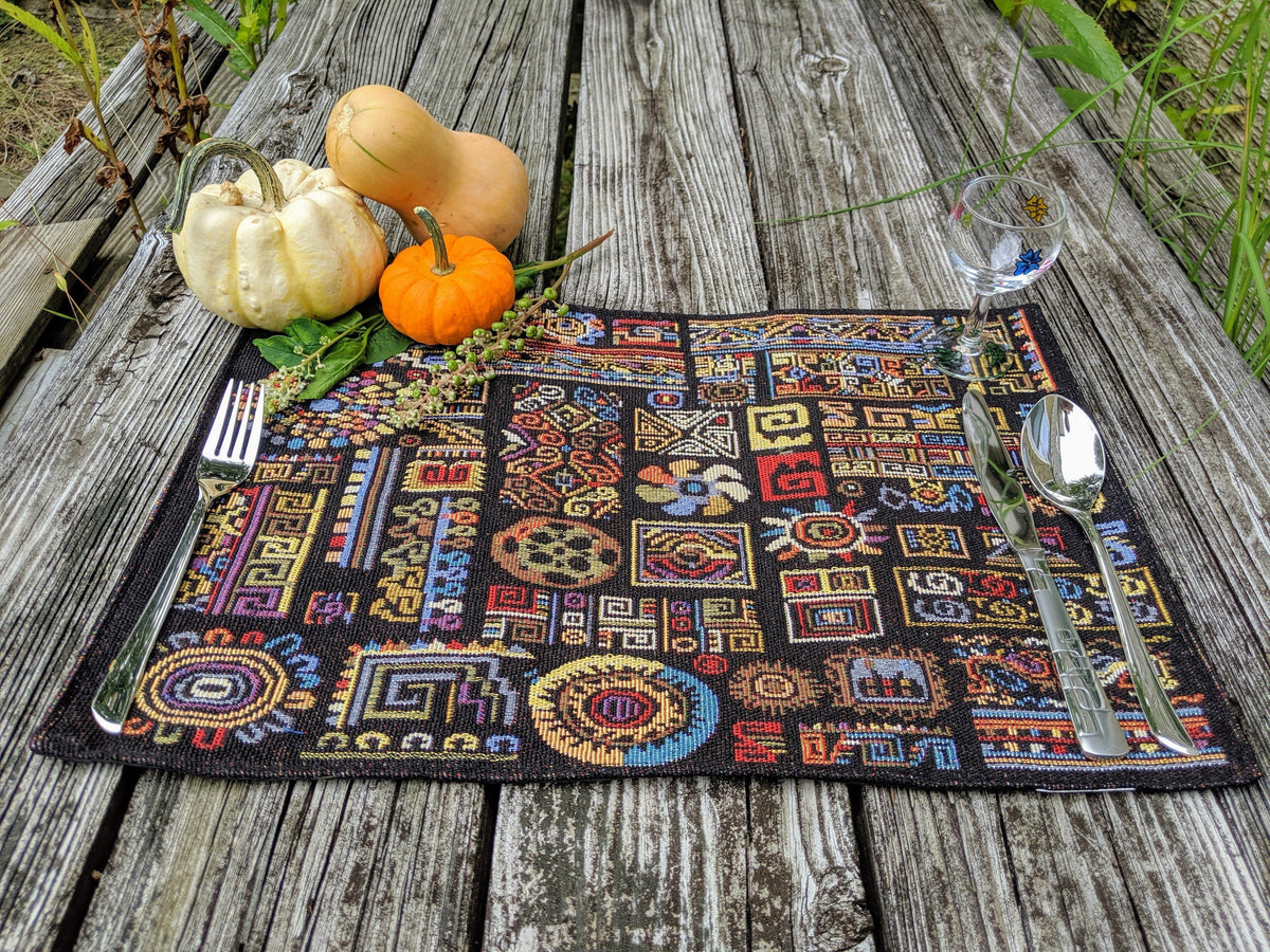 DaDa Bedding Set of 4-Pieces Ethnic Ornaments Geometric Black Tapestry Dining Placemats 13” x 19” (18118)