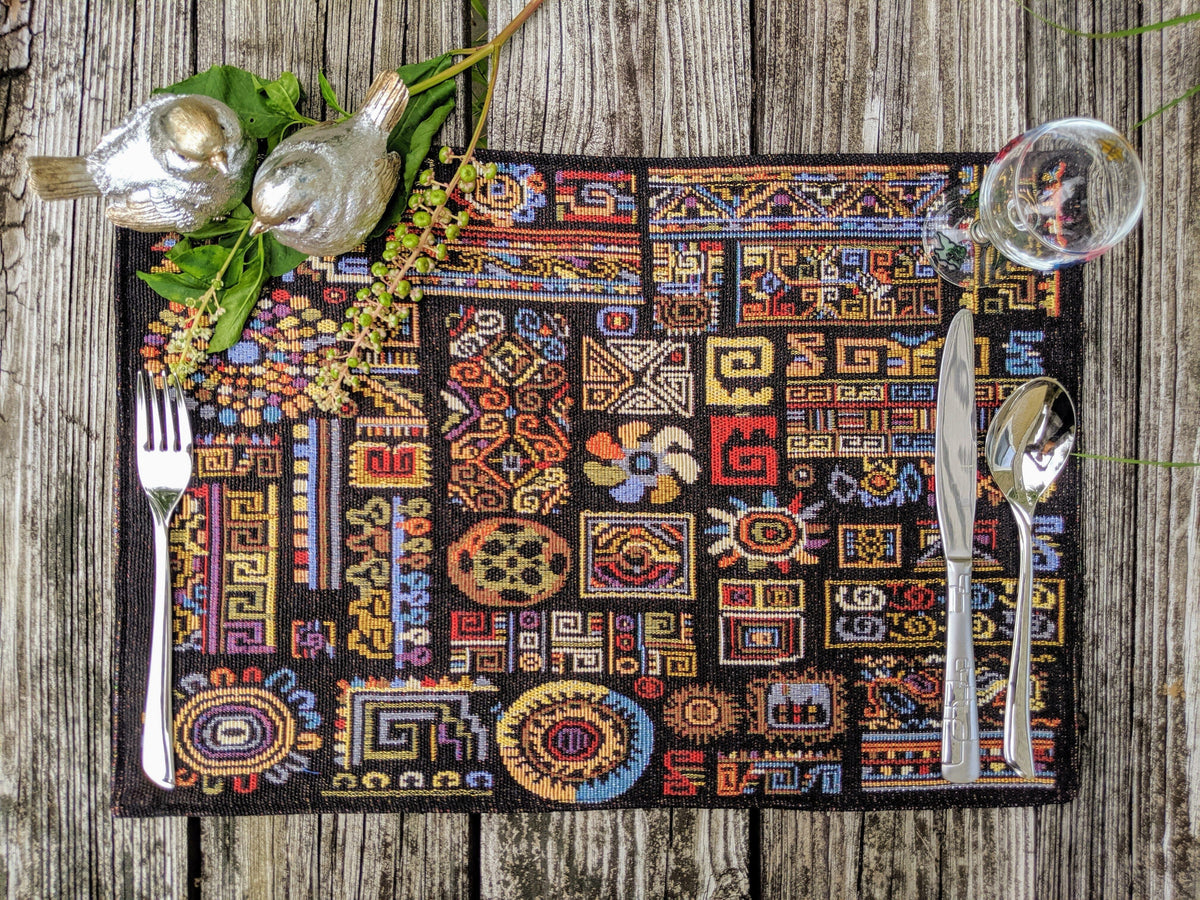 DaDa Bedding Set of 4-Pieces Ethnic Ornaments Geometric Black Tapestry Dining Placemats 13” x 19” (18118)
