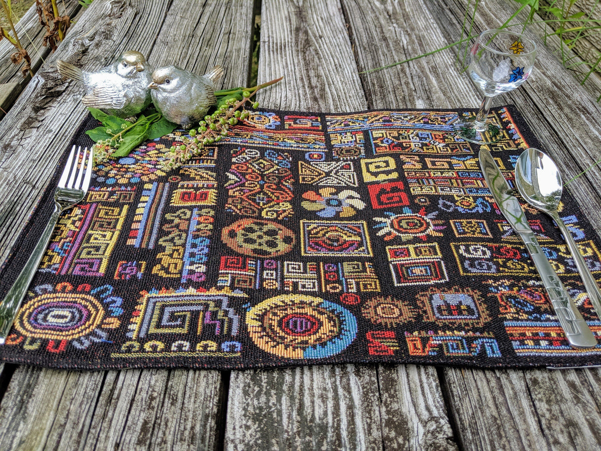 DaDa Bedding Set of 4-Pieces Ethnic Ornaments Geometric Black Tapestry Dining Placemats 13” x 19” (18118)