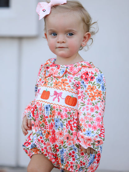 Fall Halloween & Thanksgiving Pumpkin Bow Smock Embroidered Floral Baby Girl Romper