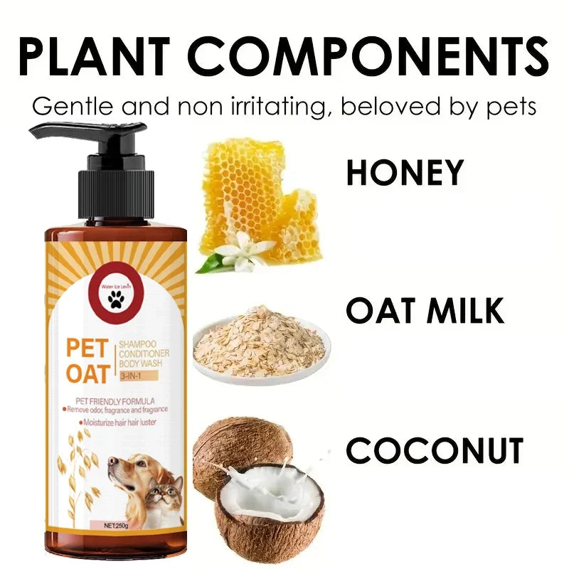 Pet shampoo; cleans fur, removes odors, makes fur soft and not dry, has a long-lasting fragrance, specially designed for pets, suitable for bathing dogs and cats