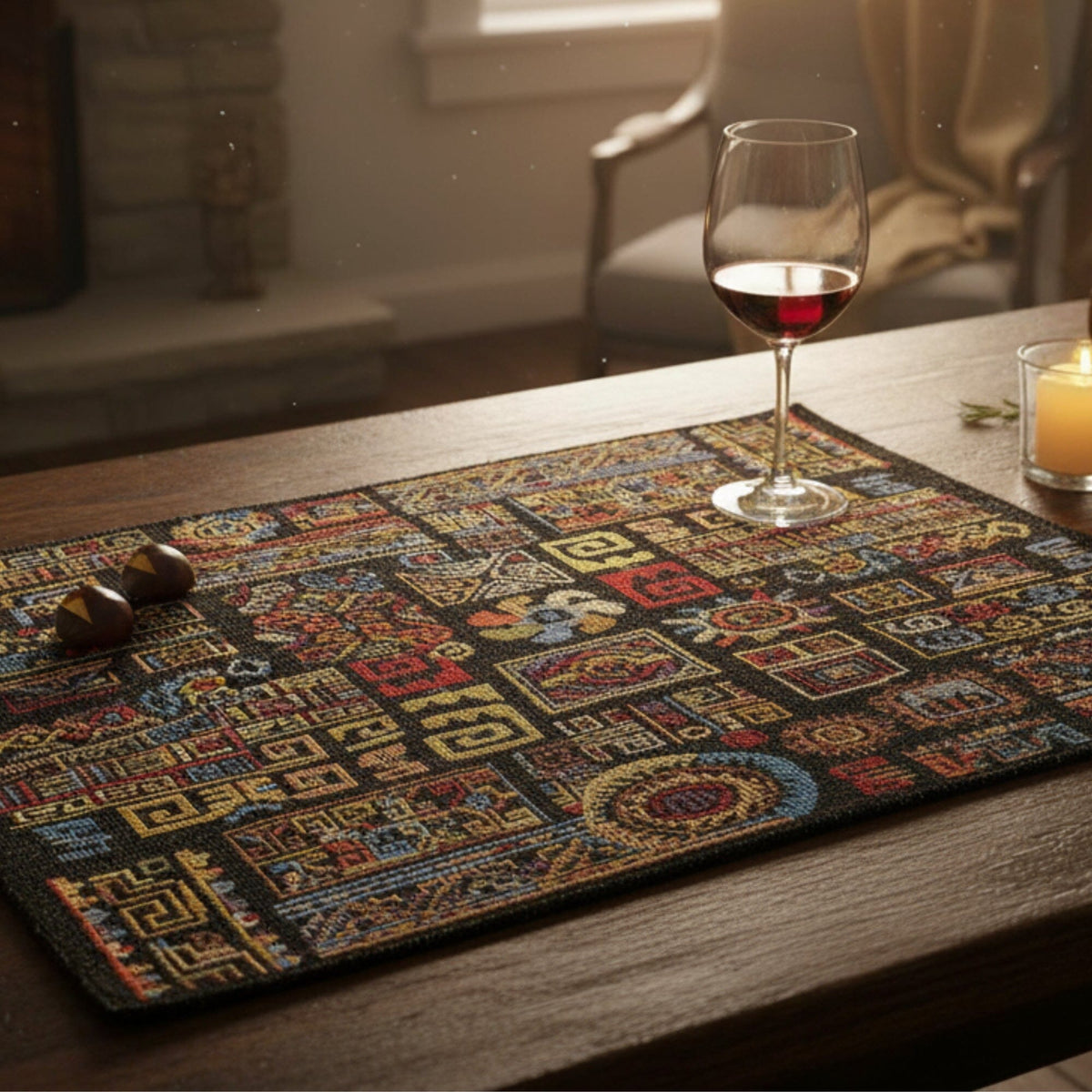 DaDa Bedding Set of 4-Pieces Ethnic Ornaments Geometric Black Tapestry Dining Placemats 13” x 19” (18118)