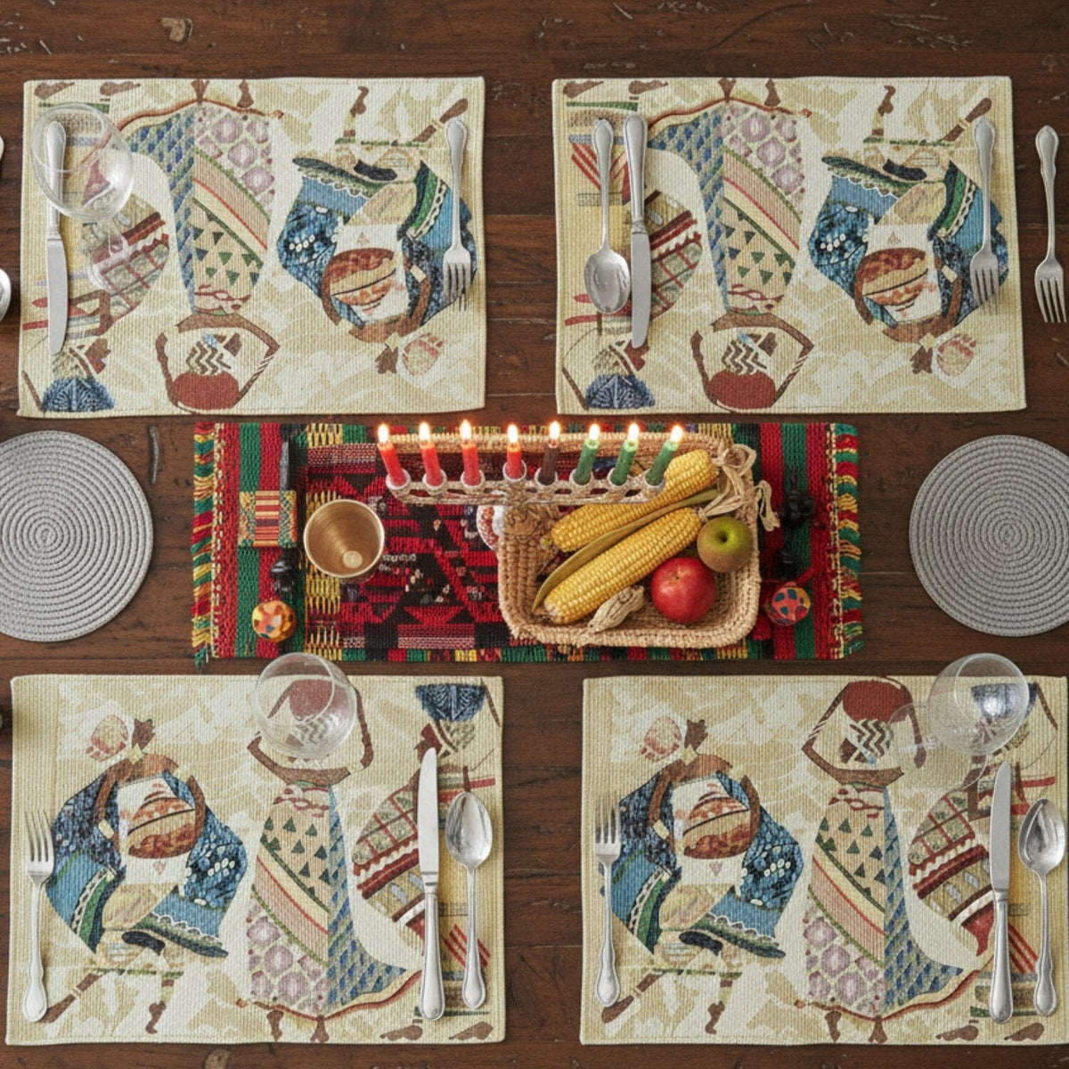 DaDa Bedding Set of 4-Pieces Dancing Women African Kwanzaa Tapestry Dining Table Placemats 13” x 19” (18117)