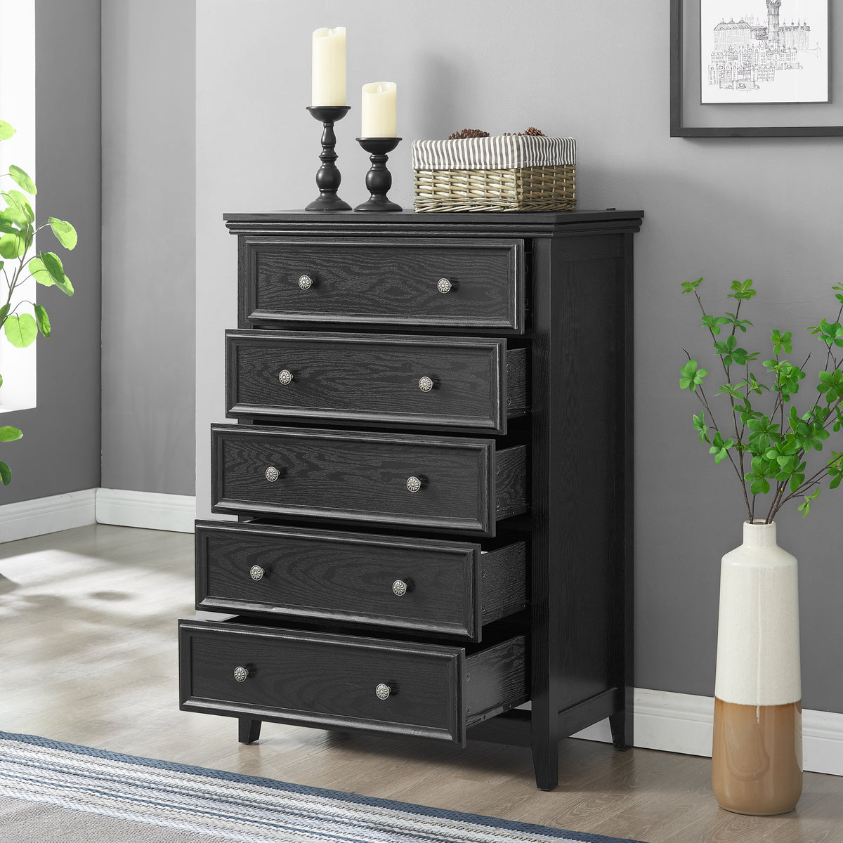 Modern 5-Drawer Black Dresser with Metal Handles - Black