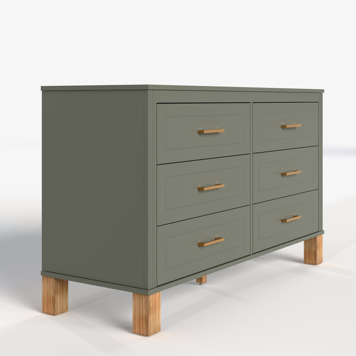 6-Drawer Double Dresser with Solid Wood Legs - Olive
