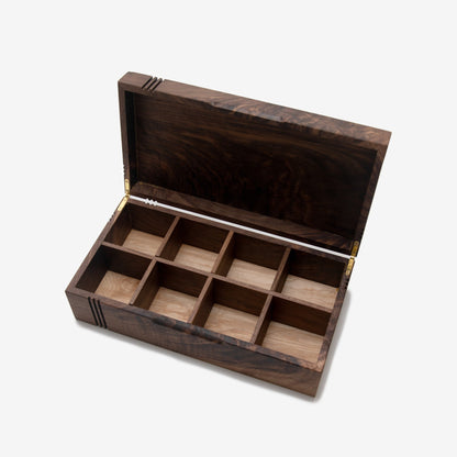 Black Walnut Tea Box - 8 Compartment Wooden Tea Chest