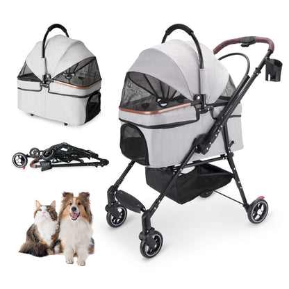 Foldable 4-Wheel Pet Stroller with Adjustable Canopy - Grey