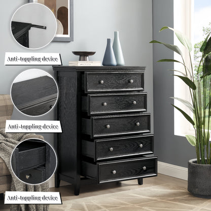 Modern 5-Drawer Black Dresser with Metal Handles - Black