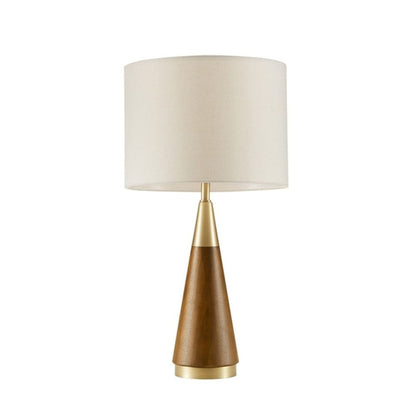 Mid-Century Triangle Table Lamp – Espresso Wood & Antique Brass, White Linen Shade