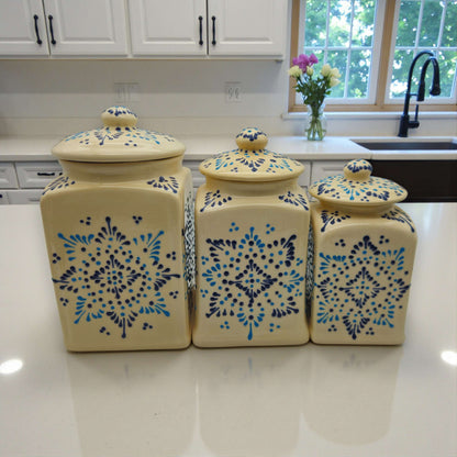 Talavera Ceramic Kitchen Canister Trio | White Multicolor Set