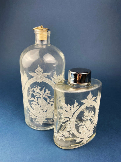 Vintage, Extra Large Apothecary Bottles. Italian, Boric Acid & Sodium Bicarbonate Jars with Brass Caps. Set of Two Apothecary Jars.